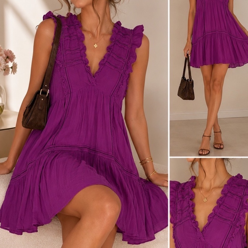 Ba&sh Nox Lady Dress Magenta Purple Ruffle Tiered Mini Viscose Crepe‎ Sz 0 XS m3